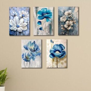 Set Of 5 Blue Flowers Wall Art Wooden Frames For Home Decoration