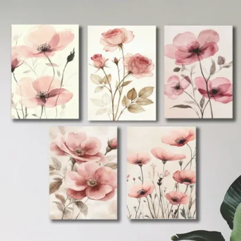 Floral Flowers Set of 5 Pink Wall Art Wooden Sticky Frames For Home Decoration