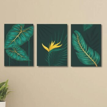 Set of 3 GREEN Flowers Wall Art Wooden Frames for Home Decoration / Sticky Photo Tiles