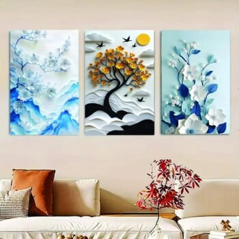 Flower Abstract Art Winter Themed - Set Of 3 Flower Tree Art Wooden Frames For Wall Decoration