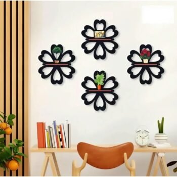 Set of 4 Flower/Heart Shape Wooden Wall Shelves for Home Decor