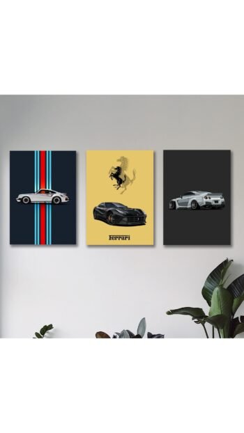 Set of 3 Sports Cars Wooden Phototile Canvas Frames for Wall Decor