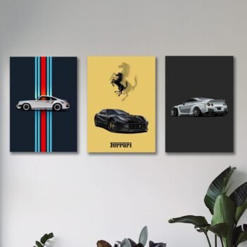 Set of 3 Sports Cars Wooden Phototile Canvas Frames for Wall Decor