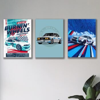 Set of 3 Premium Wall Art Photo Tiles – Modern Home Decor (Burnin Wheels)