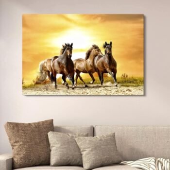 Golden Sunset Running Horses Canvas Art | Seven Horses Vastu Wall Decor